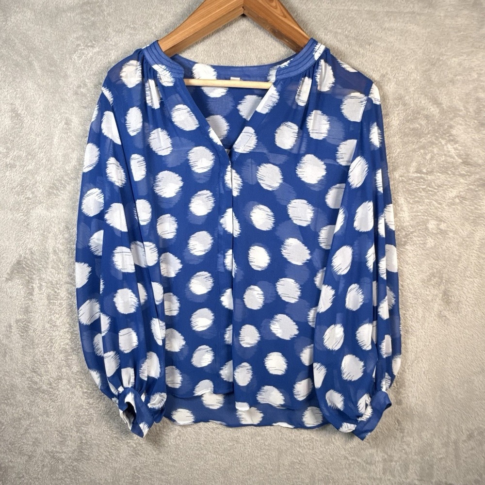 Chico’s Blouse Womens 14 Blue White Sheer Polka Dot Long Sleeve Boho Flowy Light